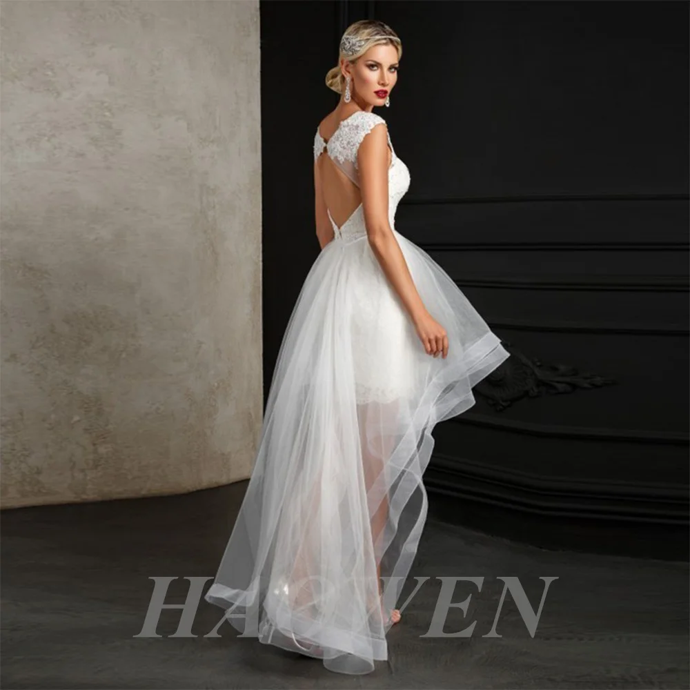 

HAOWEN Elegant Short Wedding Dresses Boho Sweetheart Ruffles Lace Tulle Beach Evening Party Princess Bride Dress