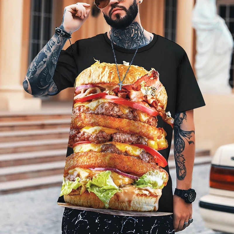Мужская рубашка 2022 еда гамбургер пиво жареная курица 3D-печать футболка с круглым