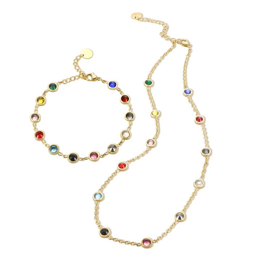 

JINHUI T S Bejeweled Bracelet Necklace Jewelry Set for Women Stainless Steel 12 Birthday Stone Colorful Crystal Chain Bracelets