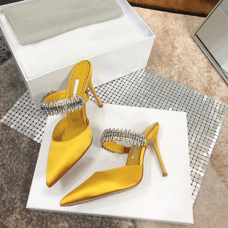 2022 European and American new women's mules, pointed toe high heels diamond decorated party shoes