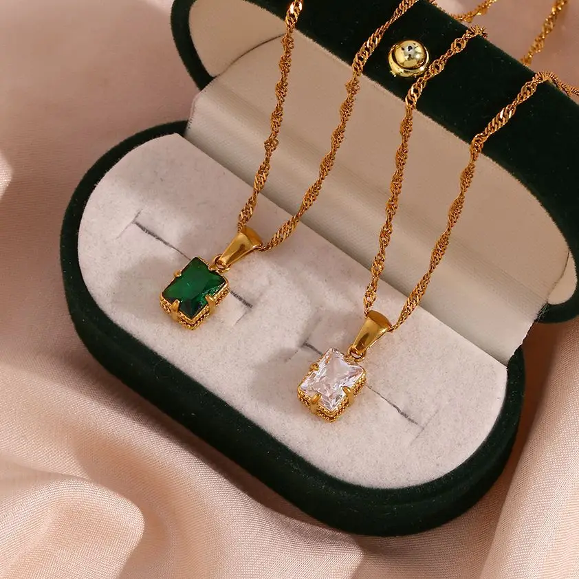 

Tarnish Free Dainty Rectangle Christmas Cubic Zirconia Pendant Necklaces For Women Green Pink Clear Stone Gem Necklace Jewelry