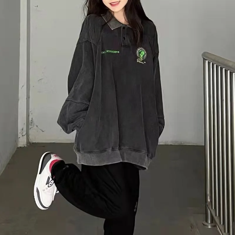 

Women Sweatshirt American Retro Polo Collar Sweater Women's Thin Oversize High Street Fashion Brand Ins Clothes Vintage T-shirts