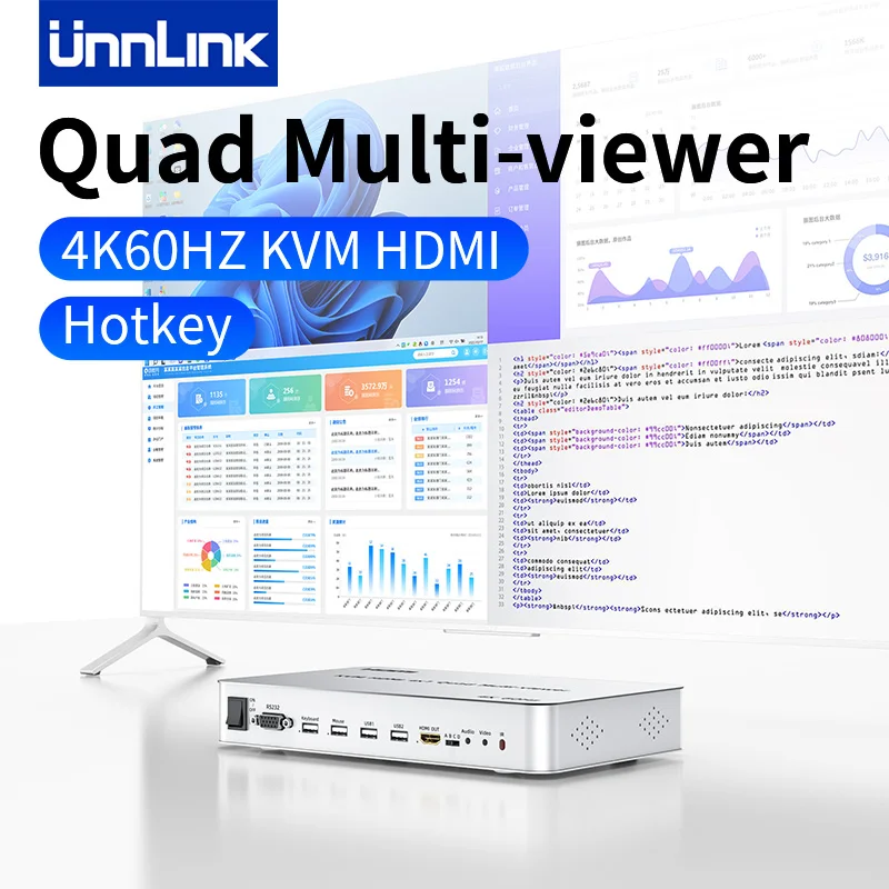 

Unnlink 4K 60 Гц KVM HDMI Quad-Viewer с пультом дистанционного управления Hotkey IR, один монитор может отображать экран четырех узлов одновременно