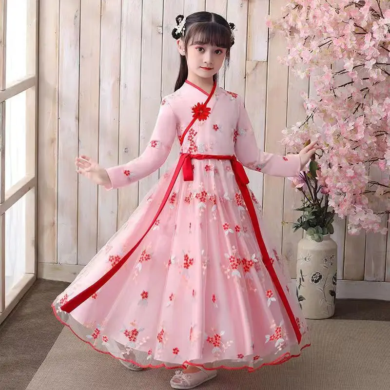 Children's Hanfu Girls Retro Chinese Style Dress Little Girls Baby Long Sleeve Skirt Slim Fit Ancient Style Skirt