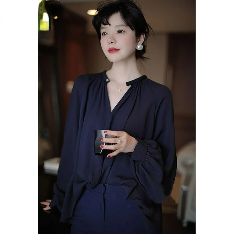 

Spring Summer Vintage Solid Color Office Lady Blouse Female Shirt Tops Long Sleeve Casual Korean OL Women Loose Blouses E89