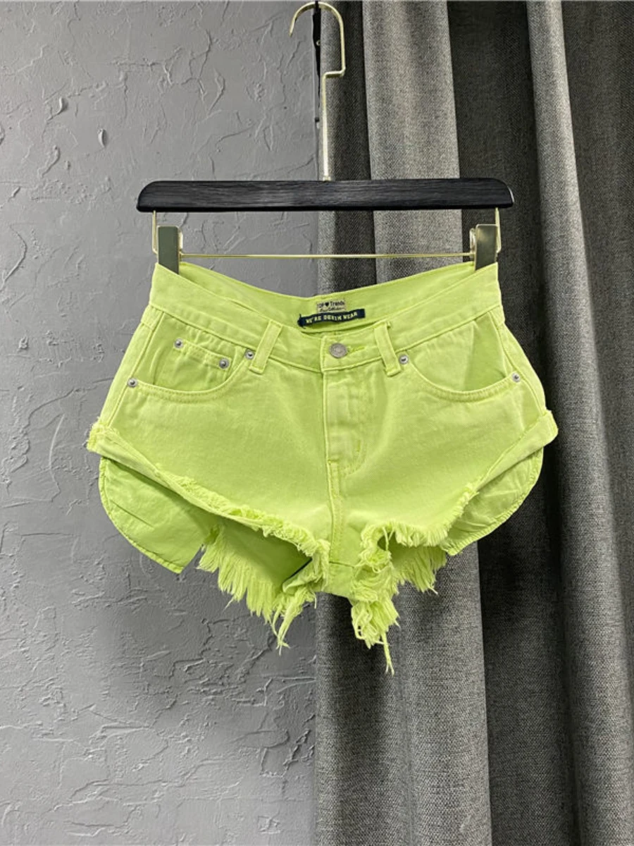 

Green Shorts Jeans Feminino 2022 New Summer Fashion Women's Sexy Hip-Hugger High Waisted Wide-Leg Short Distressed Denim Jeans