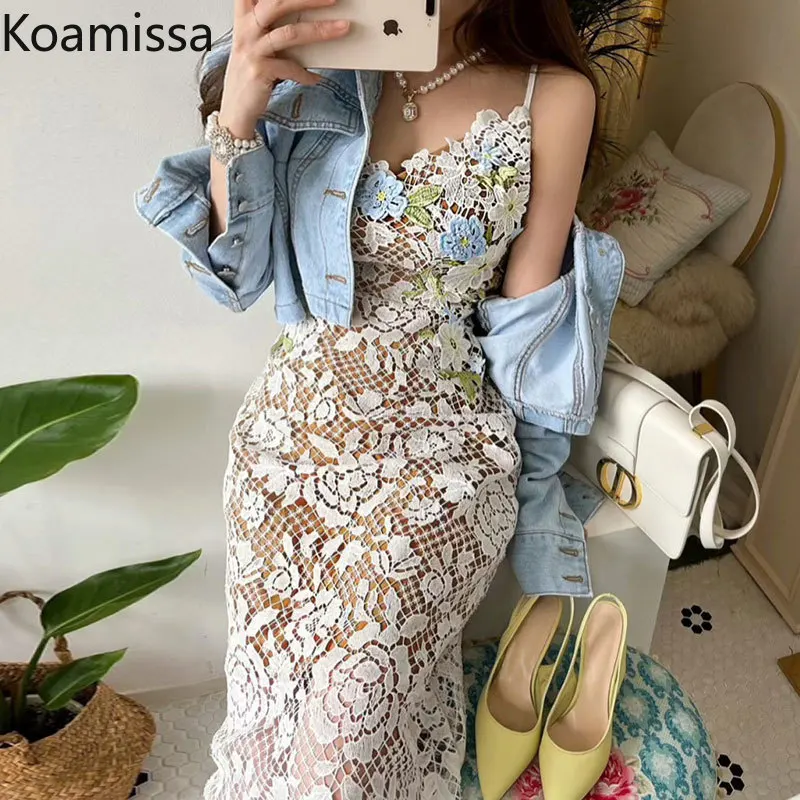 

Koamissa Sexy Women Bodycon Lace Party Dress Sleeveless Summer Dresses Fashion V-neck Hollow Hook Flower Maxi Suspender Vestidos