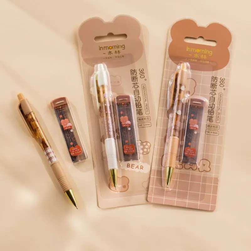 Kawaii Girl-Bear-lápiz mecánico a prueba de roturas, conjunto de recarga de lápiz 0,5, lápiz automático para papelería para estudiantes