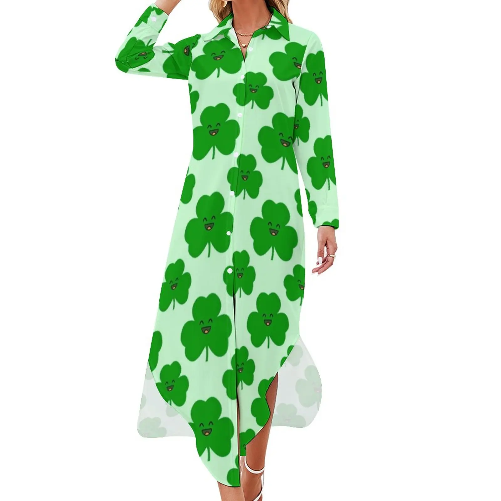

Шифоновое платье Happy Shamrock, милые платья с мультяшным принтом листьев, повседневное уличное платье, женские сексуальные платья большого размера с узором
