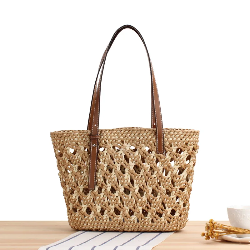 Casual Hollow Straw Women Handbags Designer Handmade Woven Tote Bag Braid Summer Beach Shoulder Bags Big Bali Shopper Purse 2022