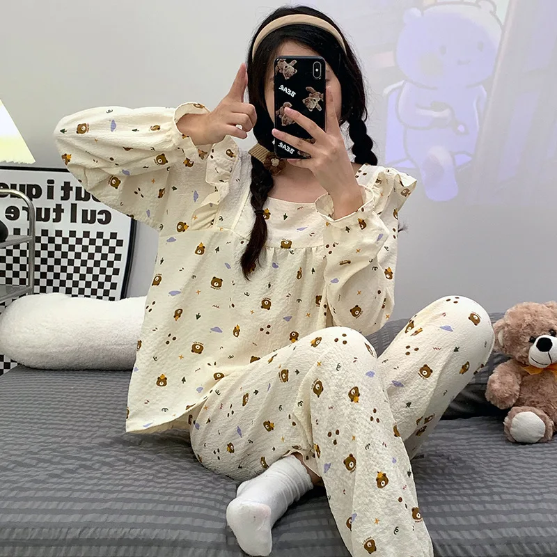 Spring Autumn Pajamas for Women Puff Sleeves Cotton Korean Loose Long-sleeved Sleepwear Trousers Cute Home Clothes Two-piece Set