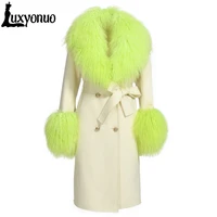 luxyonuo wool cashmere coat women luxury real mongolian sheep fur collar ladies double faced trench coat belt slim winter long