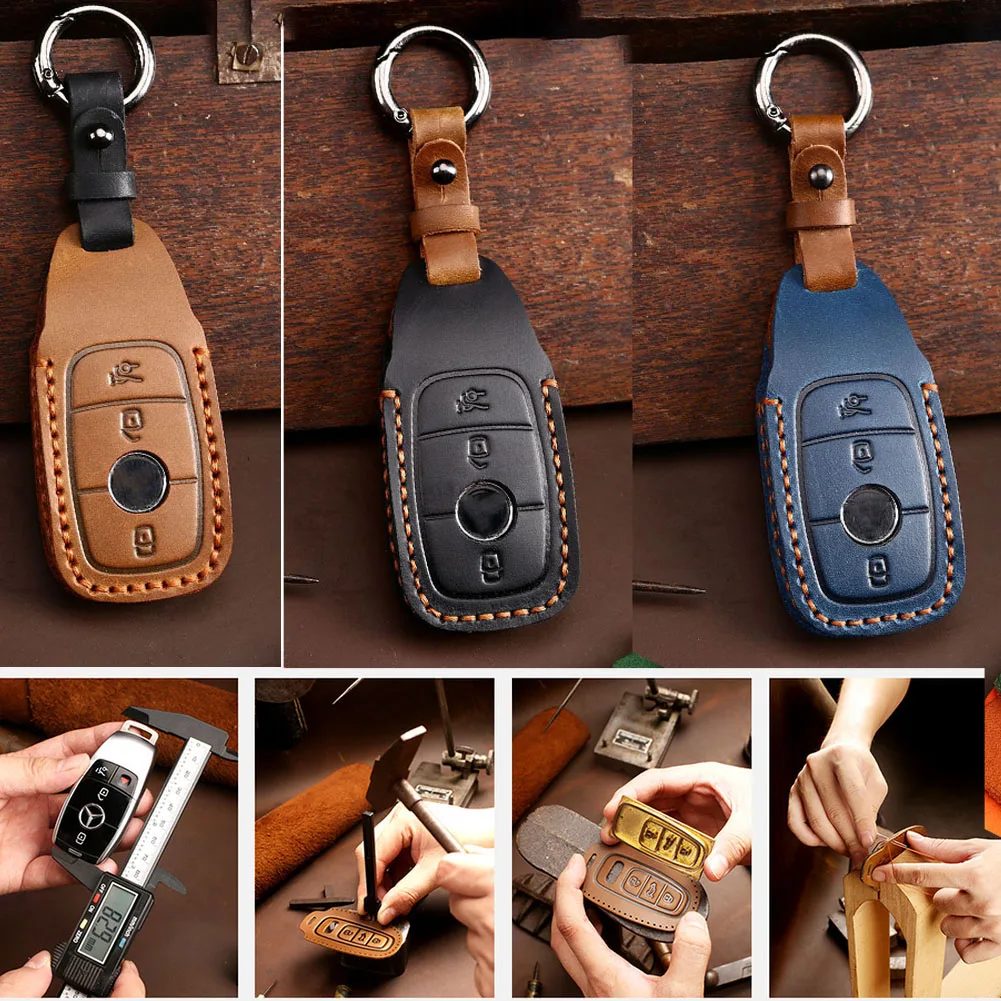 

Genuine Leather Remote Smart Fob Key Case Cover Shell Skin For Mercedes C E Class Black Blue Brown Interior Accessories Durable