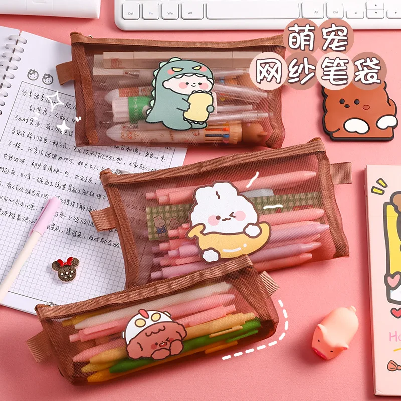 

Cute Pencil Case Mesh Cartoon Large Capacity Multifunctional Zipper Pencil Pouch Portable Pen Box Storage Bag School Supplies
