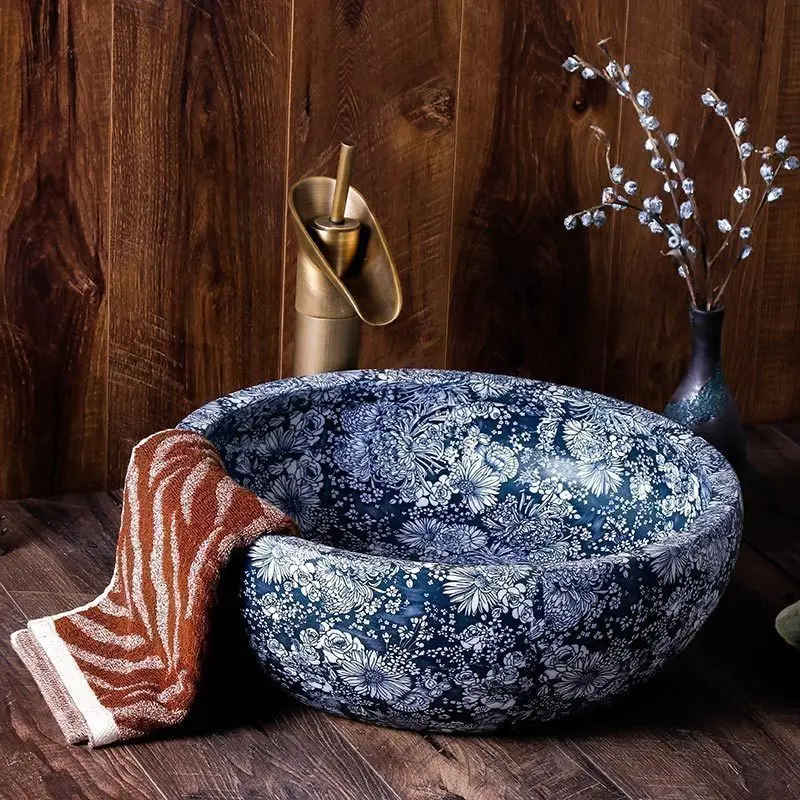 

Bowl Art Ceramic Countertop WashBasin Oval Bathroom Sinks Wash Hand Basins Blue&White Porcelain Sink Basin