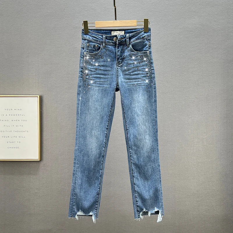 

Модные джинсы для женщин, новинка весны 2022, узкие темно-синие укороченные прямые брюки с высокой талией, модные женские джинсы, студенческие джинсы