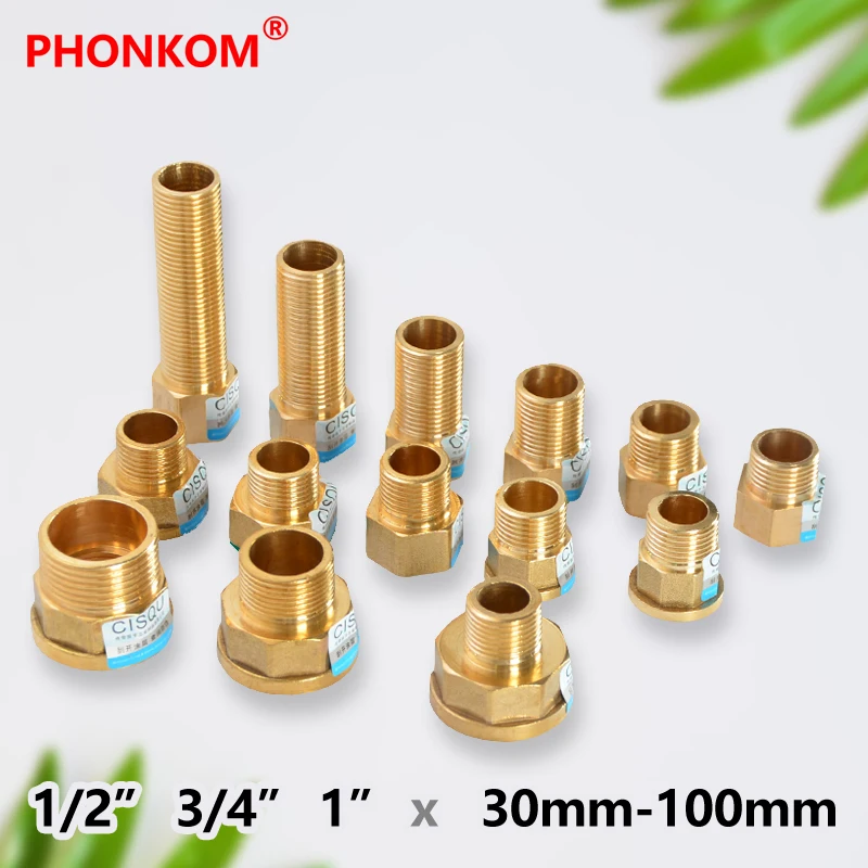 

PHONKOM Brass Pipe Fitting Long Nipple Adapter 1/2" 3/4" 1" BSP Thread Female Male Pipe Extension Connector for Water Fuel Gas