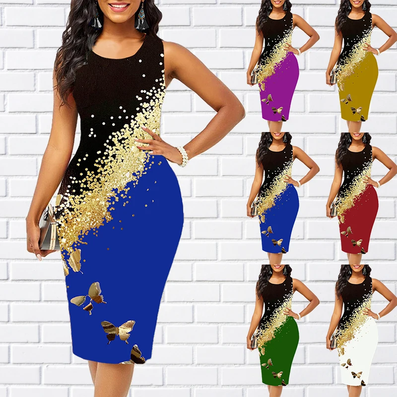 

Женское облегающее платье без рукавов, элегантное праздничное платье до колена с круглым вырезом и принтом бабочки в стиле ретро, лето