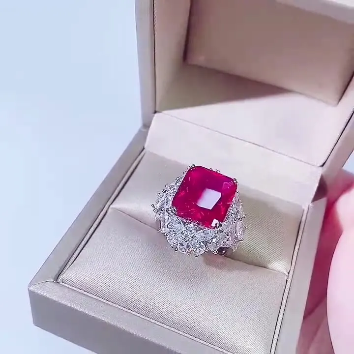

New fashion trend S925 silver inlaid 5A zircon ladies personality emerald ruby square luxury inlaid ring main stone