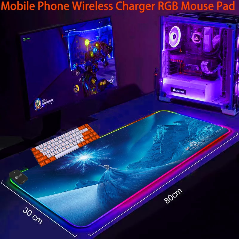 

Крутой коврик для мыши с беспроводной зарядкой RGB, светодиодный игровой коврик «Холодное сердце», Настольный коврик, аксессуары для ПК, ковр...