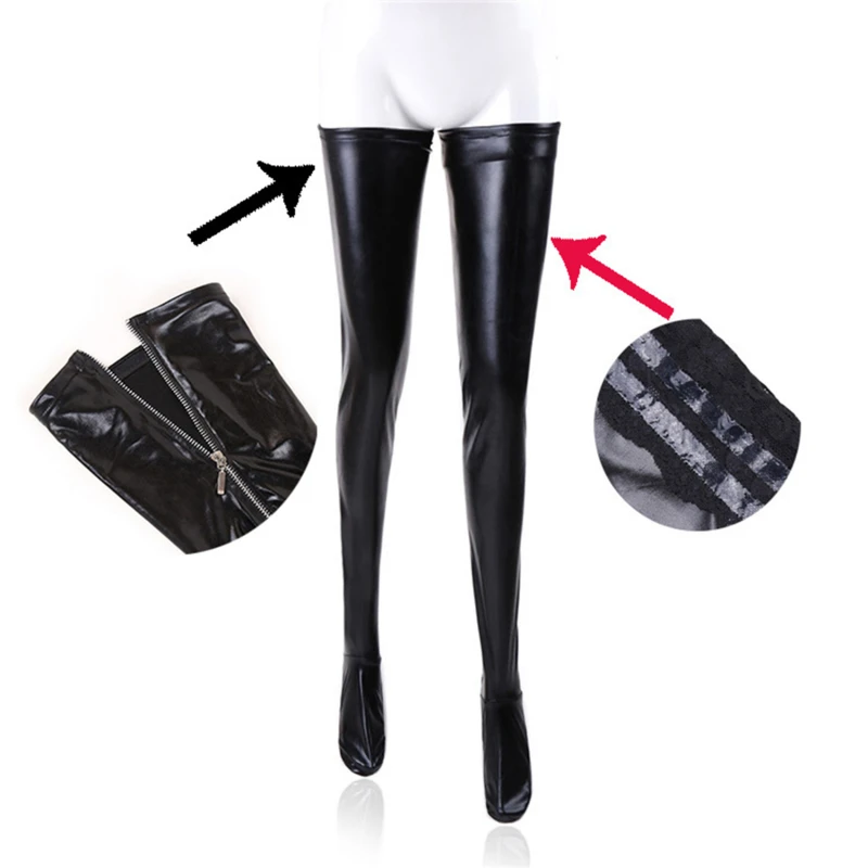 

S-2XL Hot Nightclub Latex Zipper Sexy Stockings PU Leather Silicone Thigh High Stockings Women Sexy Lingerie Pole Dance Hosiery