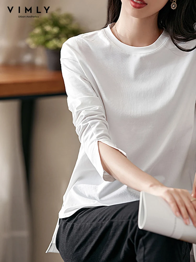 

Vimly White T-shirt Women Autumn 2022 New Cotton Split Long Sleeve O-neck Temperament Bottoming Tops Stylish Woman T-shirt V3725