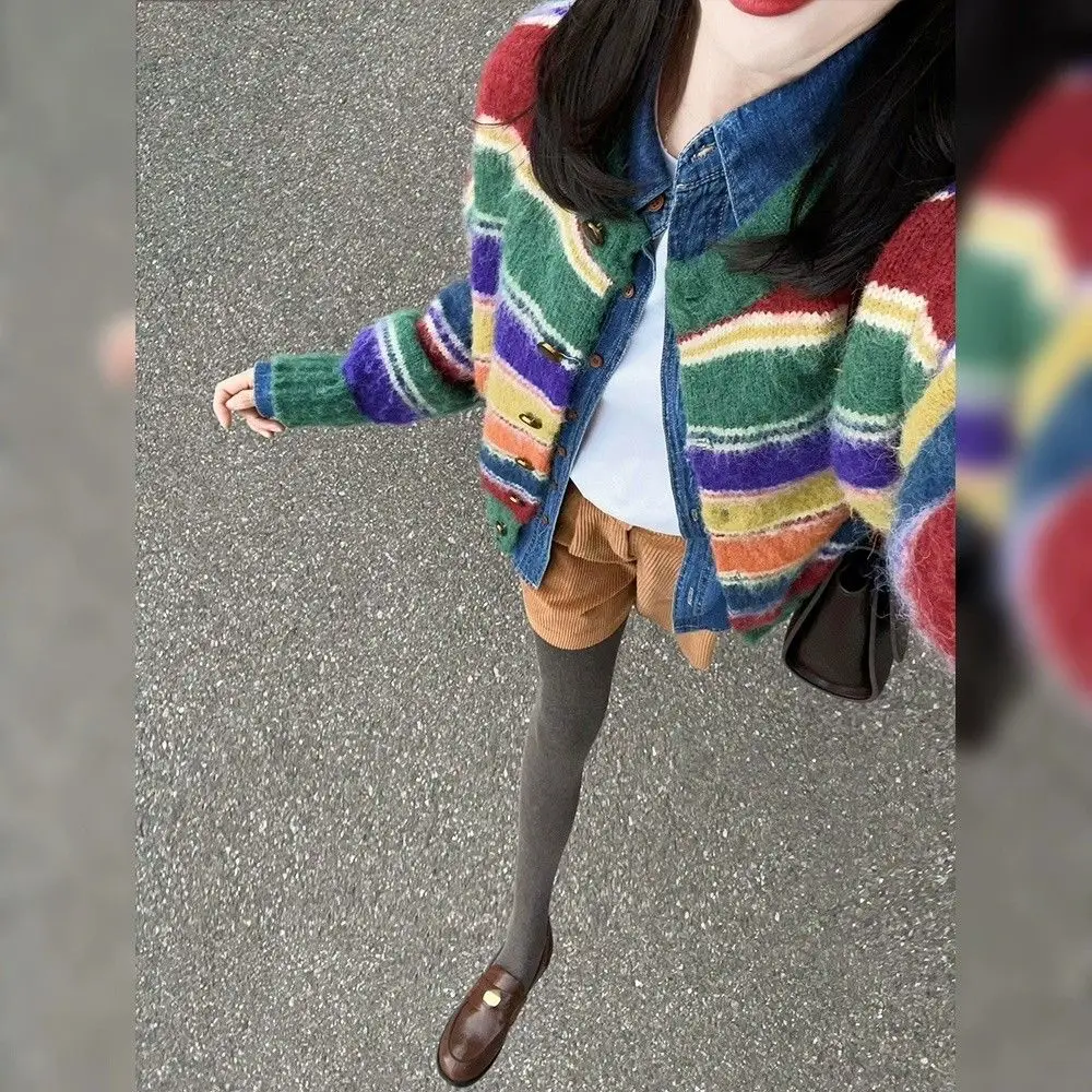 Осенний свитер вязаный кардиган ранний зимний толстый контрастный цвет женский