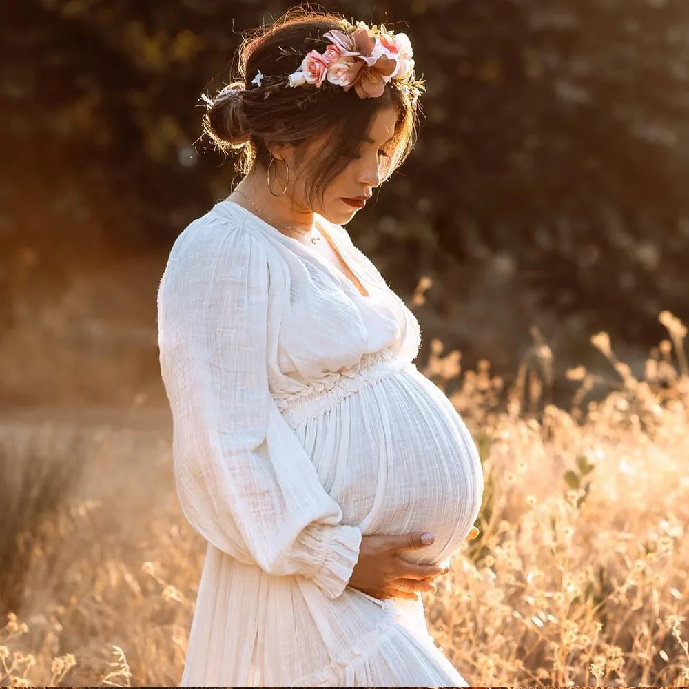 Платье для фотосъемки женщин удобное льняное Хлопковое платье с длинным рукавом