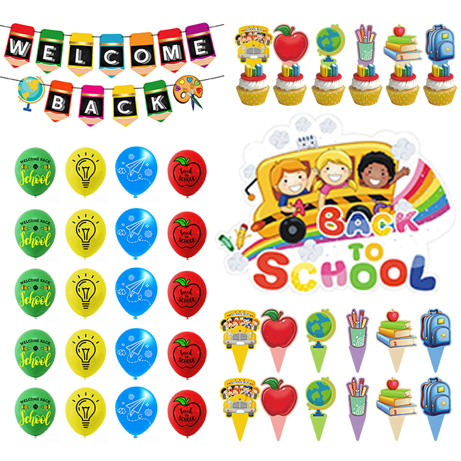 

First Day Of School Balloons Themed Party Decor Back To School Themed Party Supplies Banner Cupcake Toppers Set For School Party