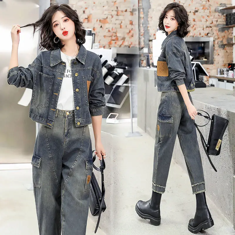 2022 Spring Autumn New Fashion Trend High Street Pants Suit Long Sleeve Denim Tops + High Waist Jeans Two Piece Sets X297