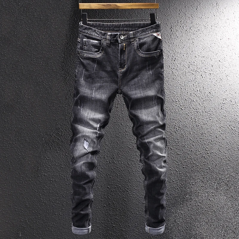 Newly Designer Fashion Men Jeans Retro Black Gray Elastic Slim Fit Ripped Jeans Men Patchwork Vintage Casual Denim Pants Hombre