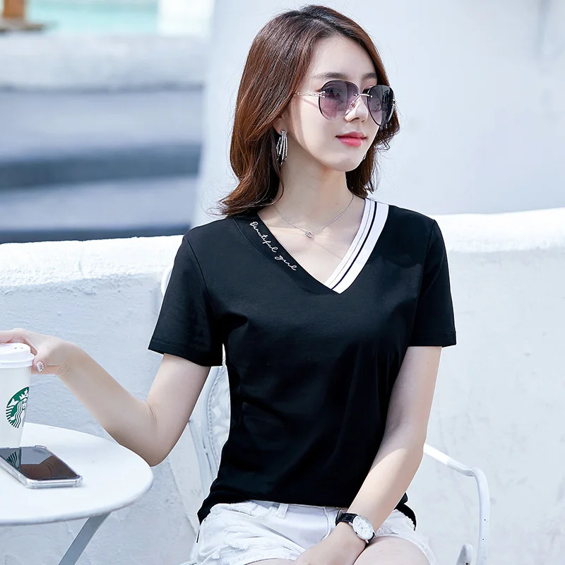 

Женская футболка из мерсеризованного хлопка, однотонная облегающая футболка с V-образным вырезом и вышивкой, модель 6715 в Корейском стиле на ...