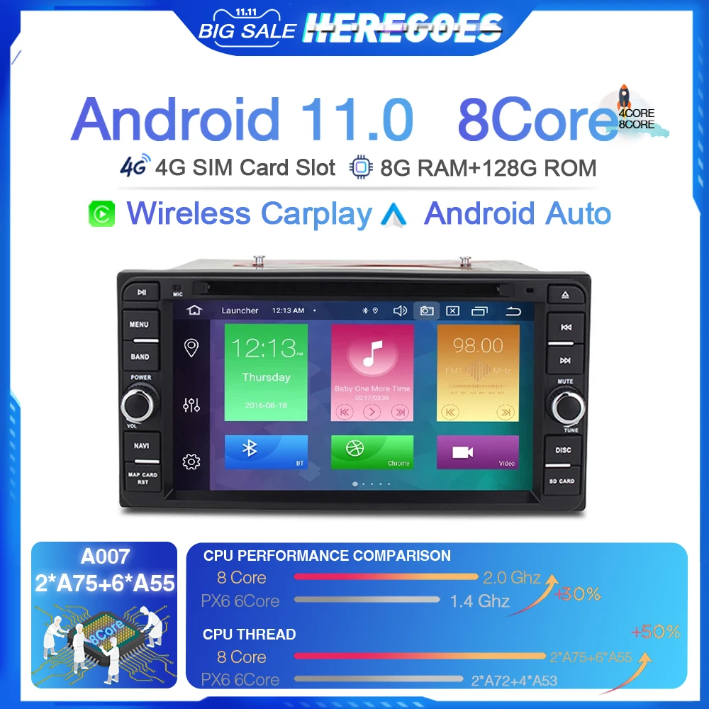 Универсальный автомобильный DVD-плеер Carplay 2din Android 11 для toyota COROLLA Hilux VIOS CROWN модель