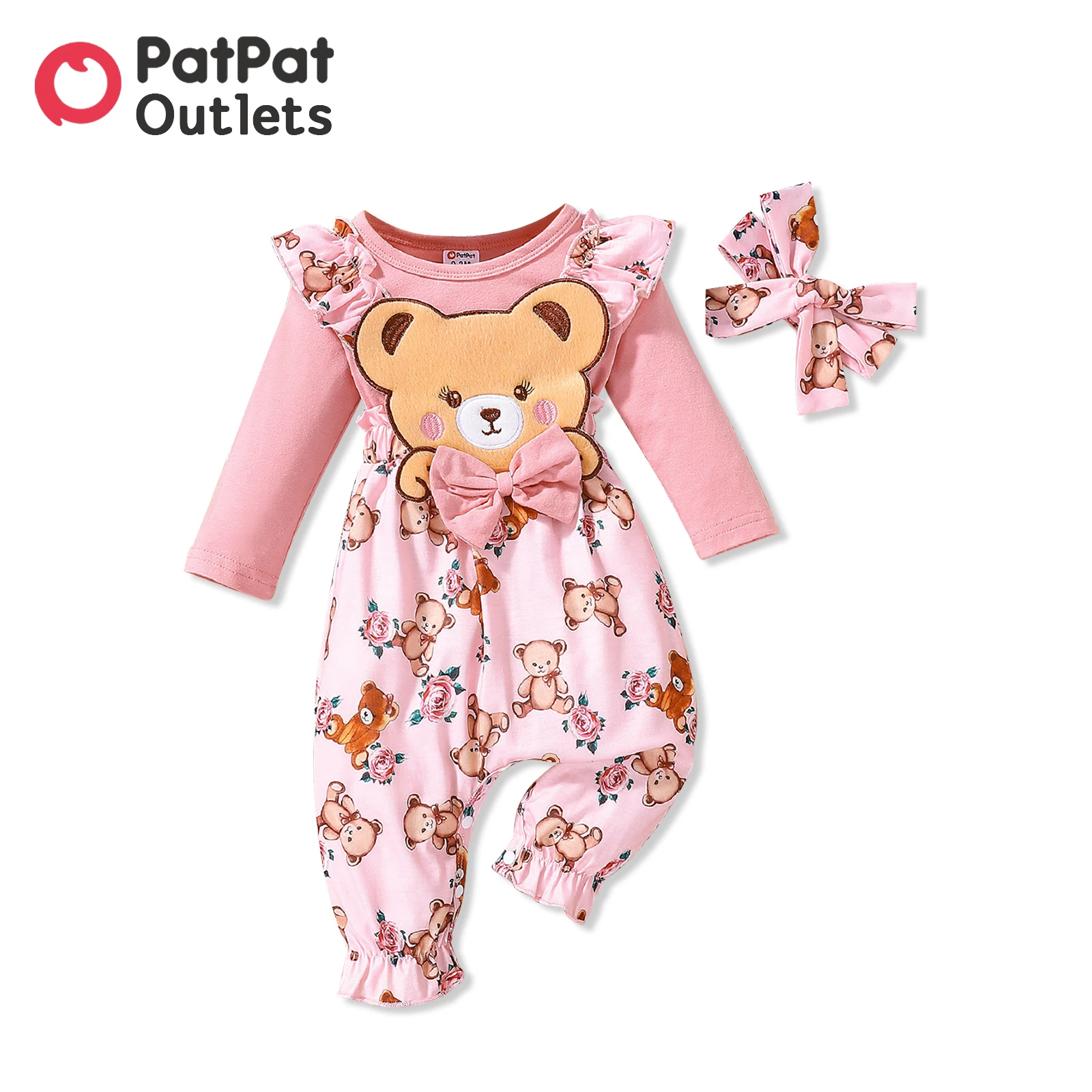PatPat 2pcs Baby Girl Clothes For Newborn Baby Jumpsuit Long-sleeve Cartoon Bear Print Pink Bow Ruffle Headband Set Cute Romper