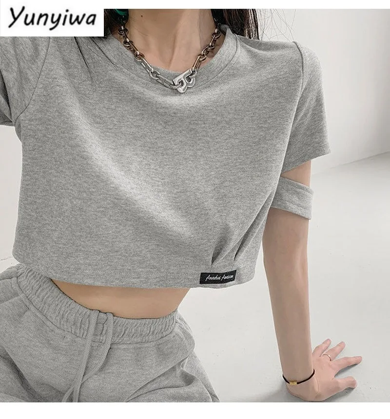 

Harajuke Crop Tops Women Summer High Waist Fashion T-shirt Egirl New Solid Cut Out Short Sleeve Tees Oversized Female S-2XL