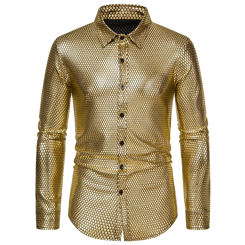 

Mens Bronzing Sequins Dress Shirts Stylish Slim Fit Long Sleve Shirt Classic Men 70s Disco Party Dance Disco Shirt Chemise Homme