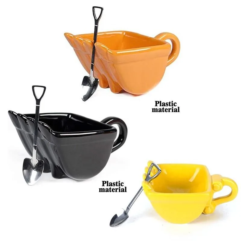 Novel 340ml Ceramics Mugs Excavator Bucket Model Coffee Mug with Spade Shovel Spoon for Dessert Funny Mugs Cake Cup Gift Canecas