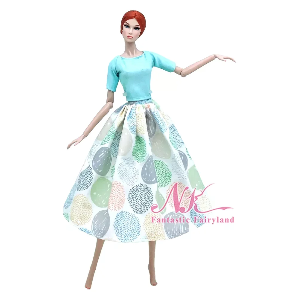 

NK 1 Pcs Blue Polka Dress For Barbie Doll Outfits Party Gown Base Blue Shirt & Skirt For 1/6 Dolls Accessories Kids Toys 6X