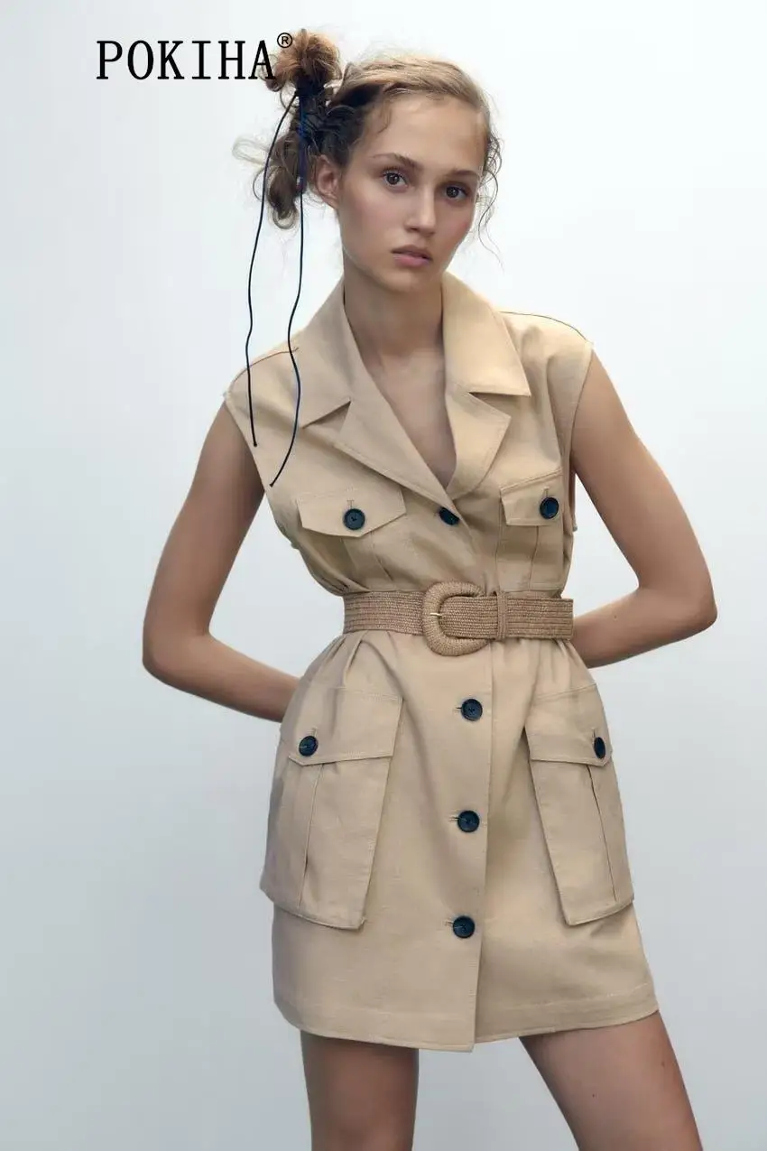 

Pokiha New Fashion Women Linen Sleeveless With Belt Side Pockets Front Buttons Waistcoat Vintage Female Outerwear Chic Vest Tops