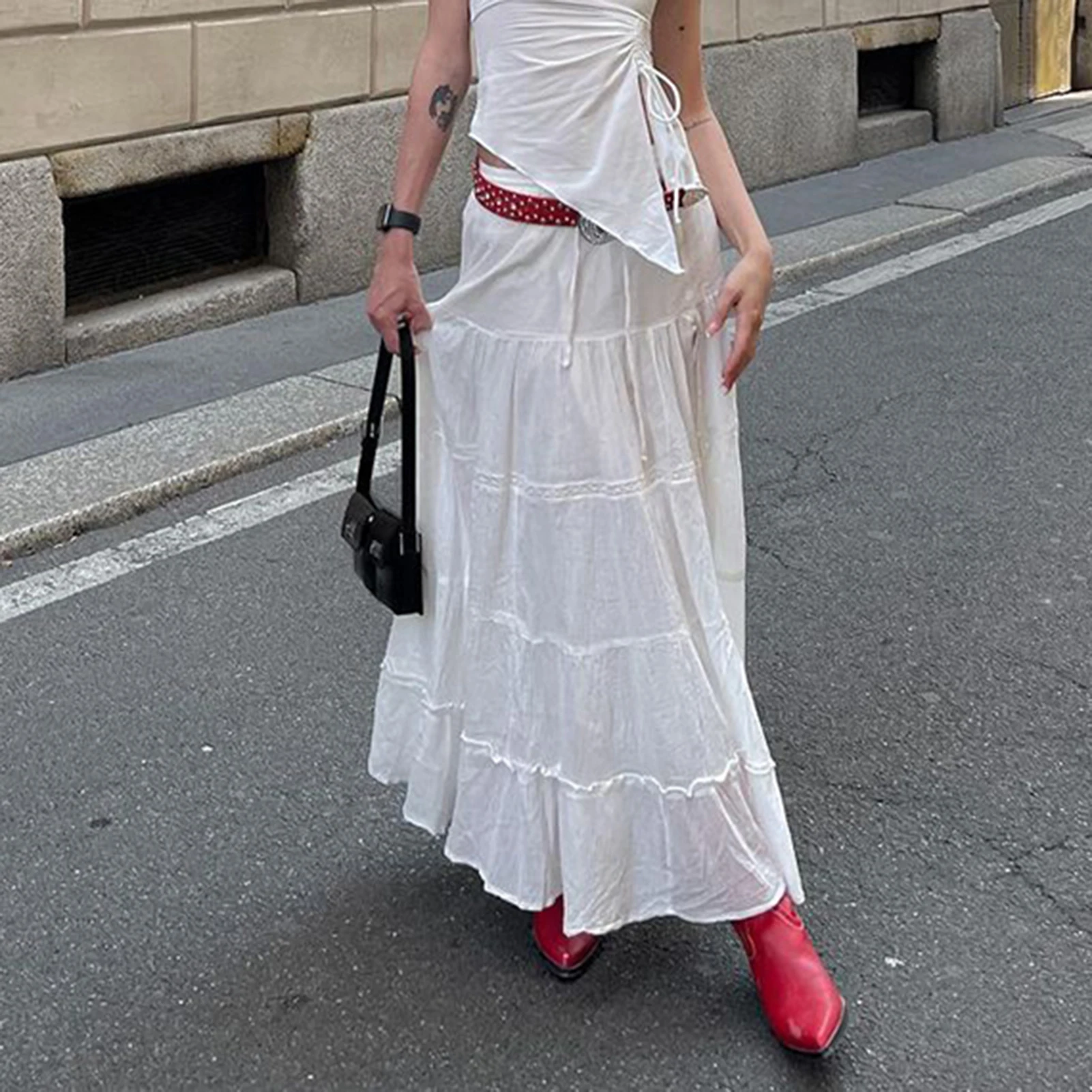 

Женская хлопковая юбка средней длины, однотонная белая Повседневная Свободная юбка с высокой талией и эластичным поясом для отпуска, на лето