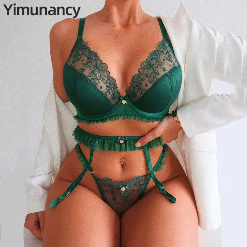 

Комплект кружевного нижнего белья Yiimunancy из 3 предметов с вышитыми цветами, сексуальное женское белье пуш-ап, комплект женского зеленого бел...