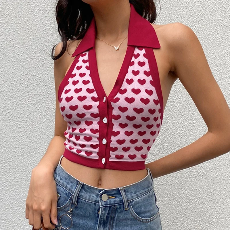 

Women's Breasted Lapel Love Halterneck Vest Women's Halter Bottoming Tops Red