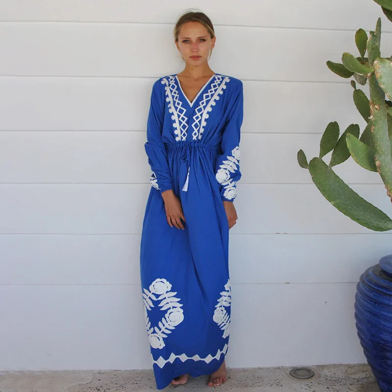 

New Style Rayon Sexy Women V Neck Resort Long Swimsuit Cover Up Print Beach Dress Long Bikini Outer Sunscreen Resort Jacket