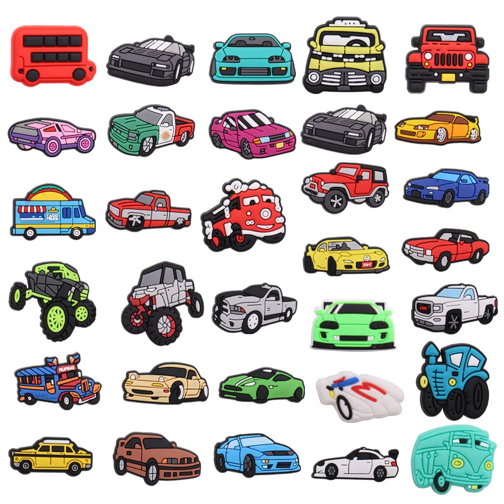 

50pcs Wholesale Transportation Shoes Accessories Racing Car Sandals Garden Shoe Buckle Decorations Fit Kids Croc Jibz Charm