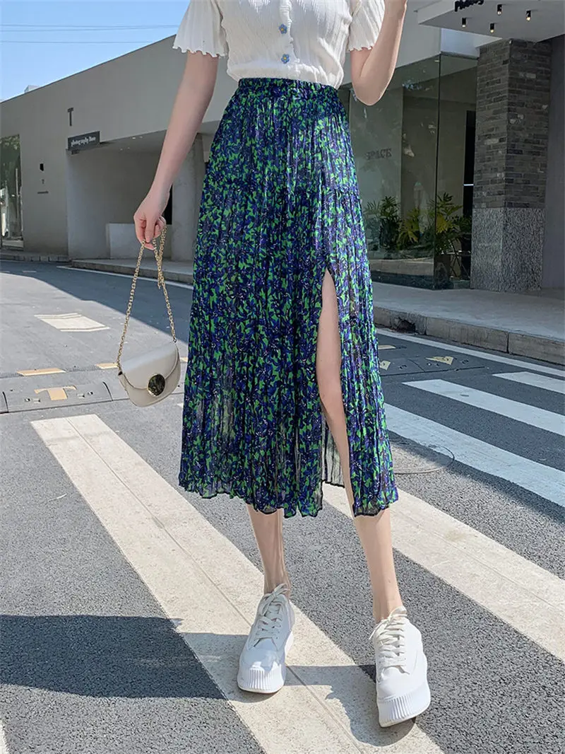 

Floral Skirt Women's Summer Thin Section 2022 New High Waist Mid-Length Slit Pleated A-Line Skirt Midi Saias Mujer Faldas H365