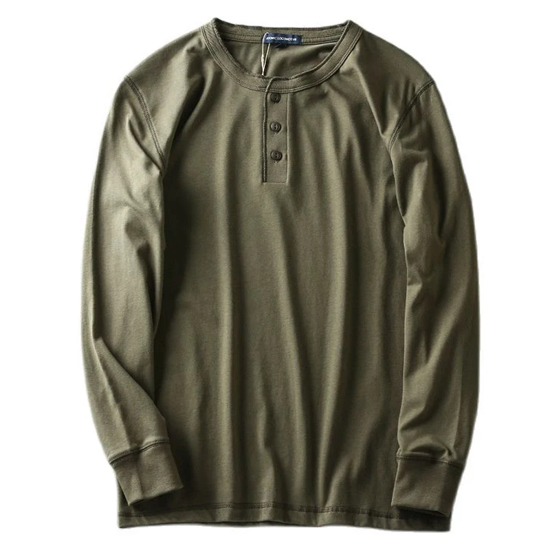 

Армейский зеленый 100% хлопок Henley Рубашки Весенние новые однотонные футболки с длинным рукавом Базовые футболки Высокое качество Повседневн...