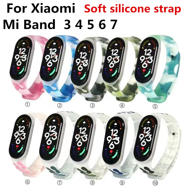 

Мягкий силикон, подходит для Xiaomi Mi Band 3 4 5 6 7 поколения, камуфляжный прозрачный браслет, матовый прозрачный ремешок