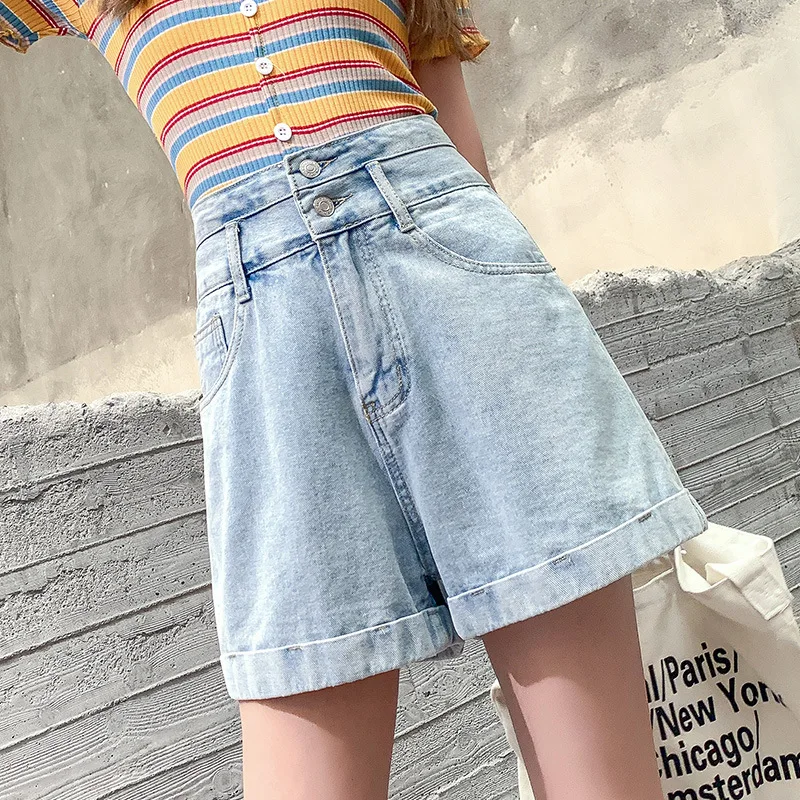 2021 Summer Woman High Waist Denim Shorts Loose A-line Wide-leg Jeans Female Solid Fashion Casual Shorts with Buttons Streetwear