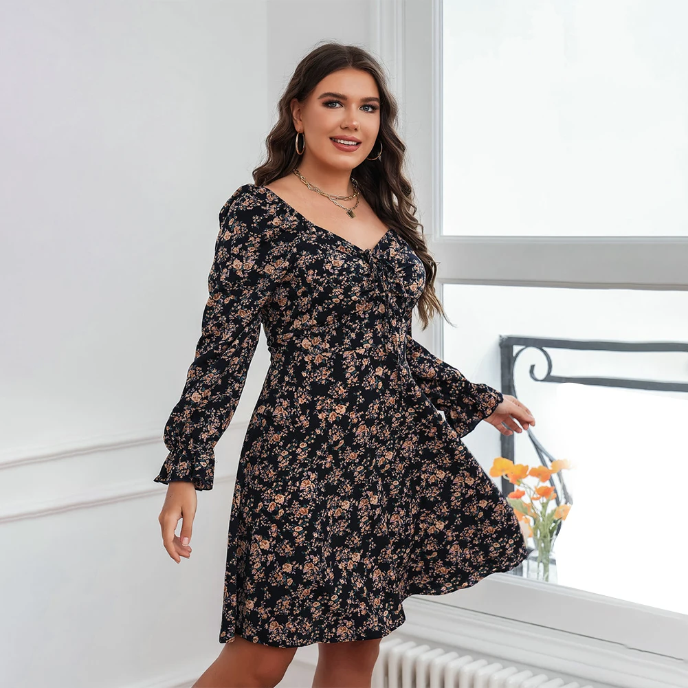 Plus Size Women Chiffon Dress Oversized Midi Short Skirt Summer Large Women's Sexy Floral Pleated Lace Long Sleeve Dress XL-4XL