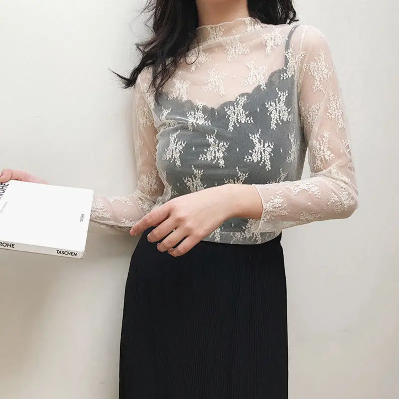 

Женская Прозрачная кружевная рубашка с полувысоким воротником, сексуальные сетчатые базовые Топы с длинным рукавом для женщин